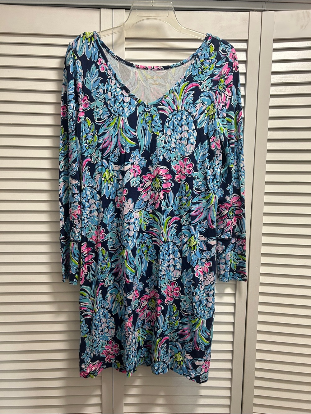 Lilly Pulitzer Floral Pineapple Print V-Neck Tunic Dress - Navy/Pink/Blue